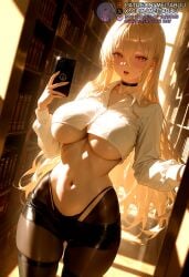 _long_hair ai_generated ass_visible_through_thighs azur_lane black_choker black_panties black_pantyhose black_skirt blonde_hair book bookshelf breasts brown_pantyhose cellphone choker collarbone collared_shirt crop_top cropped_shirt female hair_between_eyes high-waist_pantyhose highleg highleg_panties holding holding_phone implacable_(azur_lane) indoors large_breasts library long_hair long_sleeves looking_at_viewer meitabuu microskirt midriff miniskirt navel no_bra open_mouth panties panties_under_pantyhose panty_straps pantyhose pencil_skirt phone red_eyes selfie shirt skindentation skirt smartphone solo standing stomach string_panties sunlight thigh_gap thighhighs thighs thong underboob underwear white_shirt wide_hips