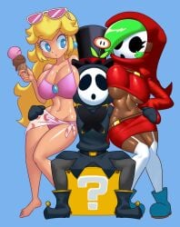 1boy 2girls anti_groove belt clothing female green_hair hoodie ice_cream male mario_(series) mask minus8 navel nintendo open_mouth pink_bikini princess_peach red_clothing shy_gal shy_guy simple_background sitting standing straight super_mario_bros._2 teeth thighs w_arms white_background