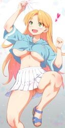 arms_up ass_visible_through_thighs blonde_hair blue_hoodie breasts covered_nipples drawstring female gem green_eyes heart highres holding holding_gem hood hood_down hoodie joy_ride jumping large_breasts long_hair looking_up no_bra no_panties open_mouth parted_bangs pussy ruri_rocks sandals skirt smile solo sweat tanigawa_ruri thighs three-quarter_sleeves underboob very_long_hair white_skirt