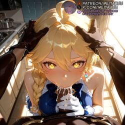 1boy :>= aether_(genshin_impact) ahoge ai_generated bare_shoulders blonde_hair blue_bowtie blush bow bowtie braid breasts brown_gloves censored cum cum_in_mouth dark-skinned_male dark_penis dark_skin dress earrings erection fellatio female genshin_impact gloved_handjob gloves hair_between_eyes hair_ornament hair_over_shoulder hands_on_another's_head head_grab heart heart-shaped_pupils heart_in_eye indoors jewelry kitchen large_breasts long_hair looking_at_viewer male male_pubic_hair meitabuu mosaic_censoring oral penis penis_grab pov pubic_hair single_braid straight sweat symbol-shaped_pupils symbol_in_eye tiles veiny_penis white_gloves yellow_eyes