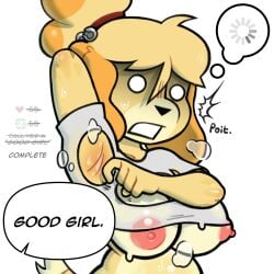1:1 2025 animal_crossing anthro armpit_fetish big_breasts bodily_fluids breasts buffering canid canine canis clothing cut_clothes dialogue domestic_dog english_text female fur good_girl hi_res interaction_drive isabelle_(animal_crossing) mammal musk musk_clouds musky_armpits nintendo nipple_slip nipples praise_kink presenting_armpit shih_tzu shocked simple_background sweat tdtbaa text torn_clothing toy_dog white_background yellow_body yellow_fur