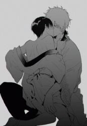 2boys age_difference ass_grab blush gay gintama gintoki_sakata japanese_clothes kimono kissing kneeling male male_only monochrome off_shoulder older_male_and_younger_male shimura_shinpachi sitting sweat twink yaoi