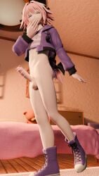 astolfo_(fate) bedroom blender fate/grand_order fate_(series) femboy laughing male penis pink_hair posing smug smug_face