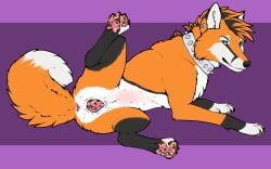 absurd_res canid canine female feral fox hair heterochromia hi_res looking_at_viewer mammal mechanical_monster_factory paws solo spikes spots spread_legs spreading
