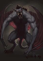 absurd_res animal_genitalia balls bat digital_drawing_(artwork) digital_media_(artwork) digitigrade fangs genitals hi_res looking_at_viewer male mammal membrane_(anatomy) membranous_wings muscular muscular_male red_eyes sheath solo teeth the_horns_lounge werebat werecreature wings