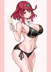 1female black_bikini black_swimsuit core_crystal hourglass_figure ice_cream large_breasts light-skinned_female looking_at_viewer oniisan02b pyra pyra_(xenoblade) red_eyes red_hair shiorino_mani_(artist) sweatdrop tiara xenoblade_(series) xenoblade_chronicles_2 yotsuhauni