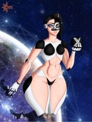 big_thighs big_waist black_hair blue_eyes caosenriqueart cyborg female robot short_hair small_breasts