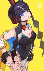 armpits bare_shoulders black_hair black_leotard blue_eyes blue_nails breasts bunny_ears bunnysuit cleavage collarbone detached_collar elesa_(pokemon) fishnet_pantyhose fishnets headphones headset jacket leotard long_hair medium_breasts nail_polish off_shoulder open_jacket pantyhose parted_lips pokemon red_nails thighs touge_moe twintails wrist_cuffs