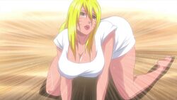all_fours big_breasts blonde_hair blue_eyes breasts canon_genderswap cleavage female front_view large_breasts lipstick naruko naruto no_pants rule_63 screencap sexy_no_jutsu solo sweat t-shirt uzumaki_naruto