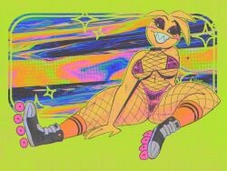 avian avian_humanoid bedroom_eyes big_smile bird_girl blush blush_stickers bottom_heavy chica_(fnaf) choker color colored dark_eyeshadow eyeshadow fishnets five_nights_at_freddy's footwear huge_thighs humanoid long_legs pointy_teeth psychedelic_background pussy_peek robot roller_skates sharp_teeth sitting slightly_chubby smiling socks solo spread_legs swimsuit thick_thighs thong thong_bikini thong_under_fishnets toy_chica_(fnaf) very_long_legs wolftang