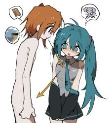 1boy 1girls @_@ a.i._voice adachi_rei arm_tattoo arrow_(symbol) black_eyes black_sleeves blue_eyes blue_hair blue_necktie blush breasts cfnm closed_mouth clothed_female_nude_male collared_shirt cutting_board detached_sleeves elephant female flat_chest flat_chested genderswap_(ftm) grey_shirt hair_between_eyes hair_ornament hatsune_miku jihecchi long_hair looking_at_breasts looking_at_penis male necktie nose_blush nude only_one_naked open_mouth orange_hair own_hands_together penis pleated_skirt rule_63 shirt simple_background skirt sweat tattoo twintails utau very_long_hair vocaloid white_background