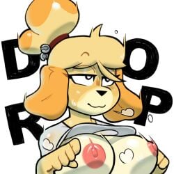 1:1 2025 animal_crossing anthro aroused big_breasts bodily_fluids breasts canid canine canis domestic_dog english_text falling female fur hi_res isabelle_(animal_crossing) mammal musk musk_clouds nintendo nipples shih_tzu solo sweat tdtbaa text toy_dog yellow_body yellow_fur