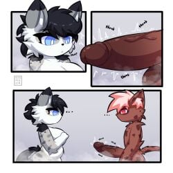 anthro_on_anthro big_breasts blue_eyes breasts chubby_female comic comic_page duo female furry furry_female furry_male imminent_sex kris_(mookkzhy) large_penis lumi_(airilinth) male mesmerized mookkzhy motion_lines nude_female nude_male oc penis red_eyes short_hair staring tail twitching_penis