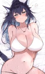 animal_ears arknights arms_behind_back bikini black_hair blaze_(arknights) blue_hair blush breasts closed_mouth collared_shirt cum female grey_eyes highres implied_sex jewelry kyuu_(plastic_night_q) large_breasts long_hair looking_at_viewer multicolored_hair navel necklace shirt solo sweat swimsuit two-tone_hair white_bikini