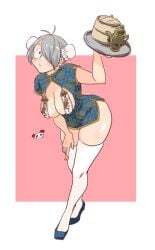 alternate_costume bent_over big_breasts breast_grab bun_cover china_dress chinese_clothes cleavage double_bun female female_only full_body gegege_no_kitarou genderswap_(mtf) grey_hair hair_over_one_eye hanging_breasts iroirokakuhonenoi kitarou_tanjou_gegege_no_nazo leaning_forward looking_at_viewer medama_oyaji_(human) milf minidress ofuda ofuda_on_nipples pasties pink_background rule_63 short_hair solo standing thick_thighs thighhighs tray white_legwear white_thighhighs zettai_ryouiki