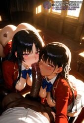 1boy 2girls _dark_skin ai_generated ass balls black_hair black_thighhighs blazer blue_bow blue_bowtie blush bottomless bow bowtie braid breasts breasts_out classroom_of_the_elite collared_shirt cooperative_fellatio dark-skinned_male dark_skin erection fellatio female ffm_threesome group_sex hair_ribbon horikita_suzune indoors interracial jacket large_breasts large_penis licking licking_penis long_hair long_sleeves looking_at_viewer male medium_breasts meitabuu multiple_girls nipples open_clothes open_jacket oral penis pleated_skirt pov pubic_hair red_eyes red_jacket ribbon school_uniform shirt skirt straight tattoo teamwork testicles thighhighs threesome tongue tongue_out uncensored veins veiny_penis white_ribbon white_shirt white_skirt