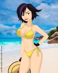 2025 ai_generated beach_background belly big_hero_6 carlshocker deviantart disney gogo_tomago holding_hat looking_at_viewer marvel meta smile_at_viewer smiling_at_viewer tummy yellow_bikini