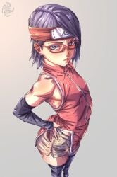 amphyshira arched_back boruto:_naruto_next_generations breasts female flat_chest glasses hands_on_hips highres kunoichi looking_at_viewer naruto sarada_uchiha short_shorts shorts sleeves small_breasts solo thick_thighs thighhighs wide_hips