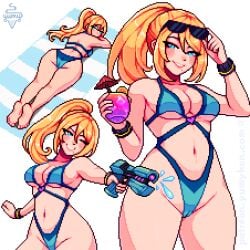 1girls artist_name aseprite_(medium) ass barefoot bikini blonde_hair blue_eyes breasts cameltoe cleavage commentary completion_time cup drink english_commentary eyewear_on_head feet female gun high_ponytail highres holding holding_cup holding_drink holding_gun holding_weapon large_breasts long_hair looking_at_viewer looking_back metroid mole mole_under_mouth multiple_views navel paid_reward_available parted_lips pixel_art ponytail samus_aran simple_background smile soles swimsuit toes weapon web_address white_background wide_hips yumykon