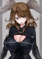 1female black_clothing blue_eyes blush brown_hair cleavage cleavage_cutout cleavage_window eunie_(xenoblade) high_entia hourglass_figure large_breasts looking_at_viewer oniisan02b shiorino_mani_(artist) wings_on_head xenoblade_(series) xenoblade_chronicles_3 yotsuhauni