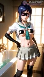 ai_generated aqua_neckerchief bathroom bathtub bikini bikini_top_only bikini_under_clothes black_bikini black_choker black_gloves black_mask black_thighhighs blue_hair blush breasts choker closed_mouth clothes_lift domino_mask elbow_gloves eye_mask eyepatch_bikini faucet female gloves green_neckerchief grey_sailor_collar grey_skirt hand_on_own_hip indoors latex latex_gloves latex_legwear lips long_hair looking_at_viewer love_live! love_live!_sunshine!! mask matsuura_kanan medium_breasts meitabuu miniskirt navel neckerchief over-kneehighs pleated_skirt ponytail purple_eyes sailor_collar school_uniform serafuku shiny_clothes shirt_lift short_sleeves skindentation skirt smile solo standing stomach sunlight swimsuit thighhighs underboob uranohoshi_school_uniform water wet wet_clothes window window_shade