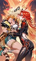 ai_generated couple couple_(romantic) genshin_impact heart_symbol hunwolf kissing love mavuika_(genshin_impact) xilonen_(genshin_impact) yuri