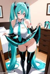breasts hatsune_miku hatsune_miku_(cosplay) lifting lifting_clothing lifting_own_clothes lifting_skirt naked naked_female nudity skirt skirt_lift skirt_up stripped_naked stripping tits_out