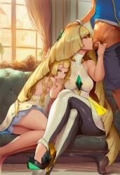 -_-abc 1boy 2girls ai_generated blowjob clothed lillie_(pokemon) long_hair lusamine_(pokemon) mansion mother_and_daughter pokemon satoshi_(pokemon) small_penis sofa