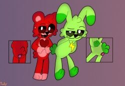 anal anthro ass ass_up bear bedroom_eyes blush blush_lines bobby_bearhug bodily_fluids buttplug duo ears_up female female/female fingers_together fur green_body green_fur hands_behind_back hi_res hoppy_hopscotch jewelry lagomorph leporid mammal mob_entertainment narrowed_eyes necklace paws plug_(sex_toy) poppy_playtime pupils rabbit red_body red_fur seductive sex_toy smiling_critters sweat sweatdrop tail tinky white_pupils