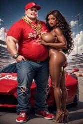 ai_generated big big_breasts big_guy big_jeff bigjeff black black_breasts black_woman breasts gold gold_(metal) gold_chain gold_jewelry race race_car race_track, racecar sexy stud white