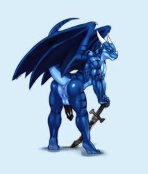 anus balls blue color dragon erection horn inviting looking_at_viewer male male_only muscles penis raised_tail solo starsoul sword tabra tail weapon wings