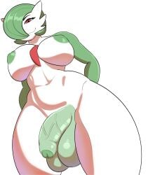 areola balls biped breasts closed_smile eyebrows gardevoir generation_3_pokemon genitals glans glistening glistening_balls glistening_genitalia glistening_penis green_areola green_arms green_balls green_glans green_hair green_nipples green_penis gynomorph hair hands_behind_back hi_res humanoid humanoid_genitalia humanoid_penis intersex kiyathejackal looking_down low-angle_view mouth_closed nintendo nipples penis pokemon pokemon_(species) pupils red_eyes simple_background smile solo standing vein veiny_penis white_background white_body white_breasts white_sclera wide_hips