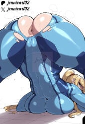 1girl ai_generated anus arm_rest artist_name ass ass_focus blonde_hair blue_bodysuit blue_eyes bodysuit breast_press breasts cameltoe clothing covered_navel english_text female flexible from_behind hands_on_ground huge_ass huge_breasts impossible_bodysuit impossible_clothes jack-o'_challenge jennieart02 large_breasts long_hair looking_at_viewer looking_back metroid patreon patreon_logo patreon_username ponytail puckered_anus samus_aran simple_background skin_tight solo spread_legs steaming_body stretching sweat thick_thighs thighs top-down_bottom-up torn_bodysuit torn_clothes twitter twitter_username watermark web_address white_background wide_spread_legs zero_suit zero_suit_samus