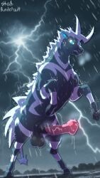 absurd_res angry animal_genitalia animal_penis balls blush bodily_fluids bundefault digital_media_(artwork) electricity equid equine equine_genitalia equine_penis erection feral fur generation_5_pokemon genital_fluids genitals glowing glowing_eyes hi_res imminent_sex lightning looking_at_viewer low-angle_view male mammal nintendo nude outside penis pokemon pokemon_(species) raining solo storm tail wet zebstrika