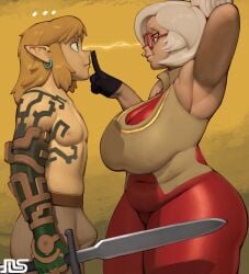 1girls breasts circular_glasses clothed clothed_female female glasses green_eyes huge_breasts lewdcactus light-skinned light-skinned_male light_skin long_hair namespace nintendo purah purah_(tears_of_the_kingdom) red_eyes shirtless shirtless_male sword tears_of_the_kingdom the_legend_of_zelda white_hair