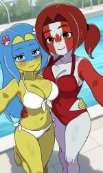 2girls artstyle_imitation bikini_bottom bikini_top blue_eyes blue_hair blush canada canada_(countryhumans) colored_skin countryhumans countryhumans_girl countryhumans_mrtie countryhumans_stategirls flower_in_hair pool red_eyes red_hair ukraine ukraine_(countryhumans)