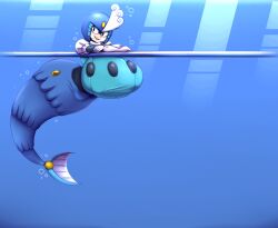 1girls 2025 armor big_breasts blue_background breasts elfdrago female headgear helmet hi_res huge_breasts marine mega_man(classic) merfolk simple_background solo splash_woman split_form underwater water