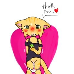 after_sex blush blush_lines cat_ears cub cum cum_in_pussy domestic_cat female green_eyes heart heart_symbol leaking_cum melonkitty money panties panties_down prostitution pussy shaking shaking_lines text young younger_female