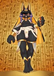 2025 4_fingers 4_toes anklet anthro anubian_jackal anubis balls_outline barefoot big_hands biped black_body black_ears black_fur black_hair black_tail blonde_hair blush blush_lines bottomwear bracelet bulge canid canine canis cheek_tuft choker claws clothed clothing colored deity detailed_background detailed_bulge digital_media_(artwork) egyptian egyptian_clothing egyptian_mythology eyelashes eyeshadow facial_tuft fangs feet femboy finger_claws fingers front_view full-length_portrait fur genital_outline genitals glistening glistening_eyes gold_(metal) gold_eyeshadow gold_jewelry hair handpaw headdress hi_res hieroglyphics holding_object holding_staff jackal jewelry kemono legband long_hair looking_at_viewer low-angle_view makeup male male_anthro mammal middle_eastern_mythology midriff monotone_body monotone_fur monotone_tail multicolored_hair mythology navel necklace open_mouth open_smile pawpads paws penis penis_outline portrait pupils red_eyes shaded signature skimpy smile solo staff standing tail teeth thighband toe_claws toes topwear translucent translucent_clothing tuft two_tone_hair uraeus usekh wolflong yellow_claws yellow_eyeshadow yellow_inner_ear yellow_pawpads yellow_penis yellow_pupils
