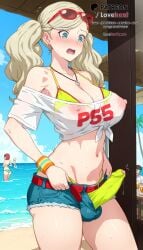 1girls ai_generated alternate_breast_size ann_takamaki ass beach belt bikini bikini_under_clothes blonde_hair blue_eyes blue_sky blush breasts bulge cleavage cloud covered_nipples covered_penis covered_testicles crop_top day denim denim_shorts earrings erection erection_under_clothes eyewear_on_head flying_sweatdrops futanari jewelry large_breasts large_penis long_hair lovehent multiple_girls navel necklace nipples ocean open_fly open_mouth outdoors palm_tree penis penis_awe penis_out persona persona_5 persona_5_scramble:_the_phantom_strikers precum red_hair see-through see-through_shirt shirt short_shorts shorts sky solo_focus sunglasses sweat swimsuit takamaki_anne testicles tied_shirt tree twintails uncensored water wet