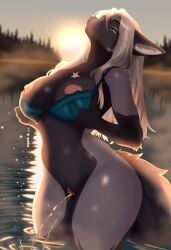absurd_res anthro bodily_fluids breasts canid canine dori-du female fluffy fog forest fox genital_fluids hi_res lake mammal nude peeing plant solo tail tree trish urine water watersports