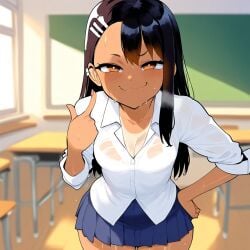 ai_generated amber_eyes black_hair blue_skirt classroom cleavage crowai hairpin hayase_nagatoro looking_at_viewer please_don't_bully_me,_nagatoro pointing see-through_clothing smug sweat tan_skin tanline