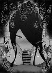 1boy 1girls :>= bare_shoulders big_breasts big_penis black_and_white blush breasts censored dark-skinned_male dark_skin detailed_background dress drooling eyelashes fellatio female hair_between_eyes headgear heart heart-shaped_pupils human indoor inside interracial kuroshitsuji kurotama long_hair looking_at_viewer male oral_sex penis pov pov_eye_contact room saliva shiny shiny_skin sketch sound_effects squatting sweat text tongue_out vein veins veiny veiny_penis