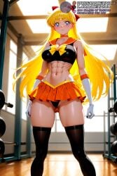 abs ai_generated aino_minako ass_visible_through_thighs bare_shoulders bishoujo_senshi_sailor_moon black_panties black_sports_bra black_thighhighs blonde_hair blue_eyes blurry blurry_background blush bow breasts cameltoe choker circlet closed_mouth collarbone earrings elbow_gloves feet_out_of_frame female gloves gym hairbow indoors jewelry large_breasts leotard_peek long_hair looking_at_viewer meitabuu microskirt miniskirt navel orange_choker orange_sailor_collar orange_skirt panties pleated_skirt red_bow sailor_collar sailor_senshi_uniform sailor_venus skindentation skirt solo sports_bra standing stomach thick_thighs thighhighs thighs tiara toned underwear white_gloves