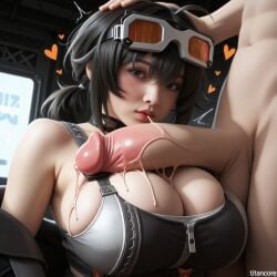 (titancore) adult ai_art ai_generated black_hair breasts cock_on_chest cum cum_drip cum_on_body cum_on_breasts cute_face female girl goggles_on_head grace_howard guy hand_on_head heart huge_breasts huge_cock looking_at_penis male penis petting precum realism realistic single_girl video_game_character zenless_zone_zero
