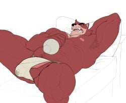 2025 anthro bear black_eyebrows black_nose colored eyebrows hi_res islate kumatetsu male mammal muscular muscular_anthro muscular_male muscular_thighs nipples pink_nipples sleeping solo the_boy_and_the_beast thick_eyebrows