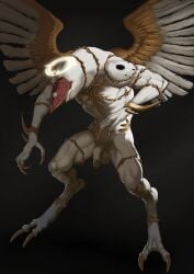 2_toes 3_fingers absurd_res affinity_(bayonetta) balls black_background claws digital_drawing_(artwork) digital_media_(artwork) feathered_wings feathers feet fingers flaccid genitals halo hi_res humanoid_genitalia humanoid_penis male monster penis simple_background solo the_horns_lounge toes wings