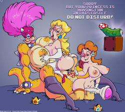 3girls anthro ass big_breasts blonde_hair blue_eyes blush breasts brown_hair color crown dildo elbow_gloves english_text exposed_breasts female female_only gloves hair high_heels horn huge_breasts human interspecies koopa mandy_koopa mario_(series) multiple_girls mushroom nintendo nipples nude pink_hair princess princess_daisy princess_peach pussy reptile royalty sex sex_toy shell shoes slb super_mario_bros. tail text turtle wand wet yuri