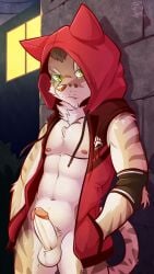 2025 abs absurd_res anthro arm_tuft athletic athletic_male ball_tuft balls bottomless brown_body brown_fur brown_hair brown_spots brown_stripes chest_tuft clothed clothing countershade_face countershade_torso countershading dated elbow_pads elbow_tuft erection felid fur furgonomics genitals green_eyes hair hand_in_pocket hi_res hood_up hoodie hoodie_only leopard looking_at_viewer male mammal mostly_nude_male navel neck_tuft nekojishi night nipples open_clothing open_hoodie open_topwear outside pantherine pink_nipples pink_nose plant pockets pubes rock short_hair shoulder_tuft shrub shu-chi signature solo spots standing stone_wall stripes studio_klondike tan_body tan_fur topwear topwear_only tuft ventkazemaru wall_(structure) watermark whisker_spots whiskers white_body white_fur window