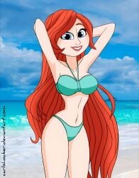 2025 ai_generated beach_background belly carlshocker chelsea_van_der_zee deviantart dreamworks dreamworks_animation female hands_behind_back light_blue_bikini long_hair_female looking_at_viewer meta red_hair_female smile_at_viewer smiling_at_viewer teenage_kraken tummy